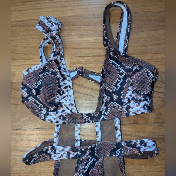 Brown Mesh Snakeskin Swimsuit One Piece Matte Swim Collection SMALL - Picture 2 of 8